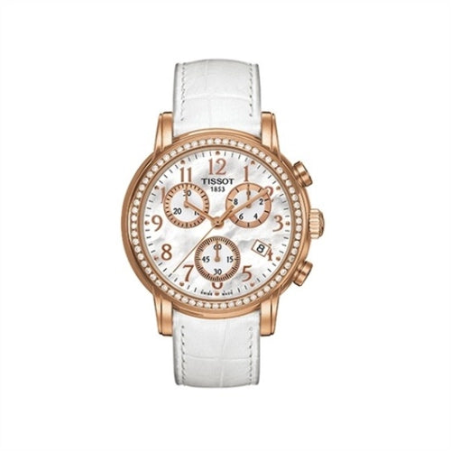 Tissot T-Classic Dressport chronograph with mother of pearl dial, rose gold case and white leather strap