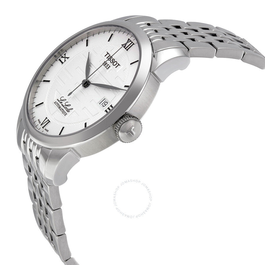 Tissot T-Classic Le Locle watch shown at angle with silver dial and stainless steel band