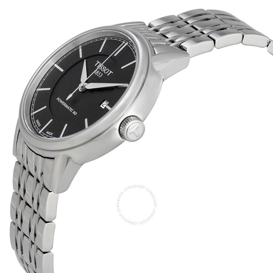 Angled side view of Tissot T Classic Powermatic watch showing case and bracelet