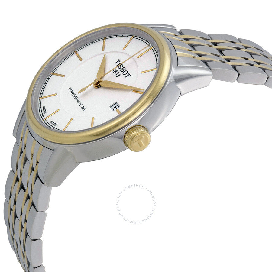 Tissot T-Classic Powermatic watch side angle view showing two-tone bracelet