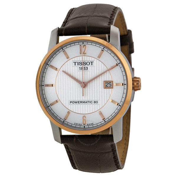 Tissot T-Classic Automatic Two-Tone Titanium Silver Dial Brown Leather Men's Watch T0874075603700 - The Watches Men & Co