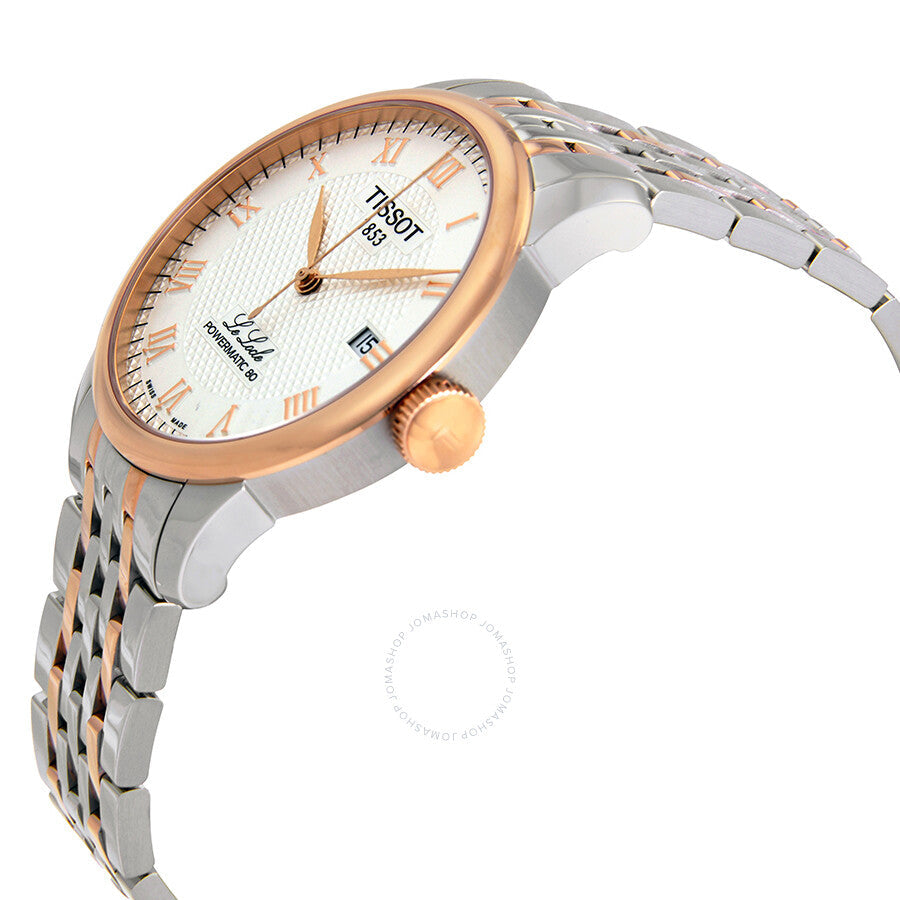 Tissot T-Classic watch side view showing rose gold bezel, silver dial, and two-tone bracelet