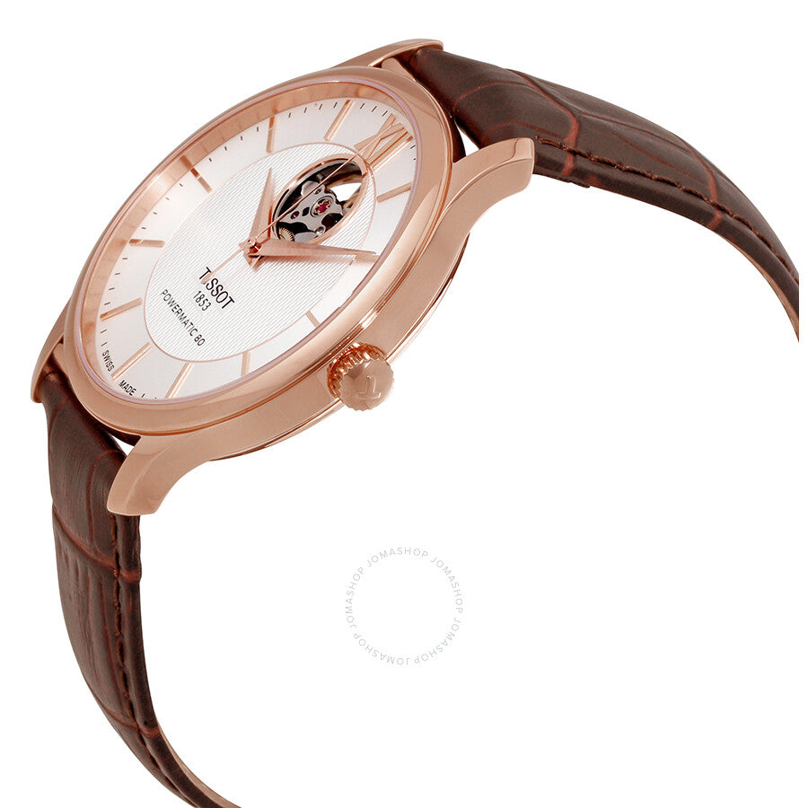 Tissot T-Classic Tradition watch at side angle with brown leather strap