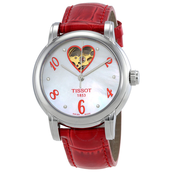 Tissot T-Classic White Mother Of Pearl Dial Red Leather Ladies Heart Watch T050.207.16.116.02 - The Watches Men & Co