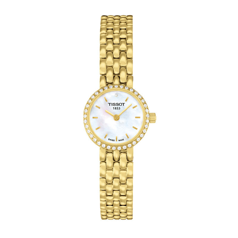 Tissot T-Lady Lovely women's watch with mother of pearl dial, diamond bezel, and gold steel bracelet
