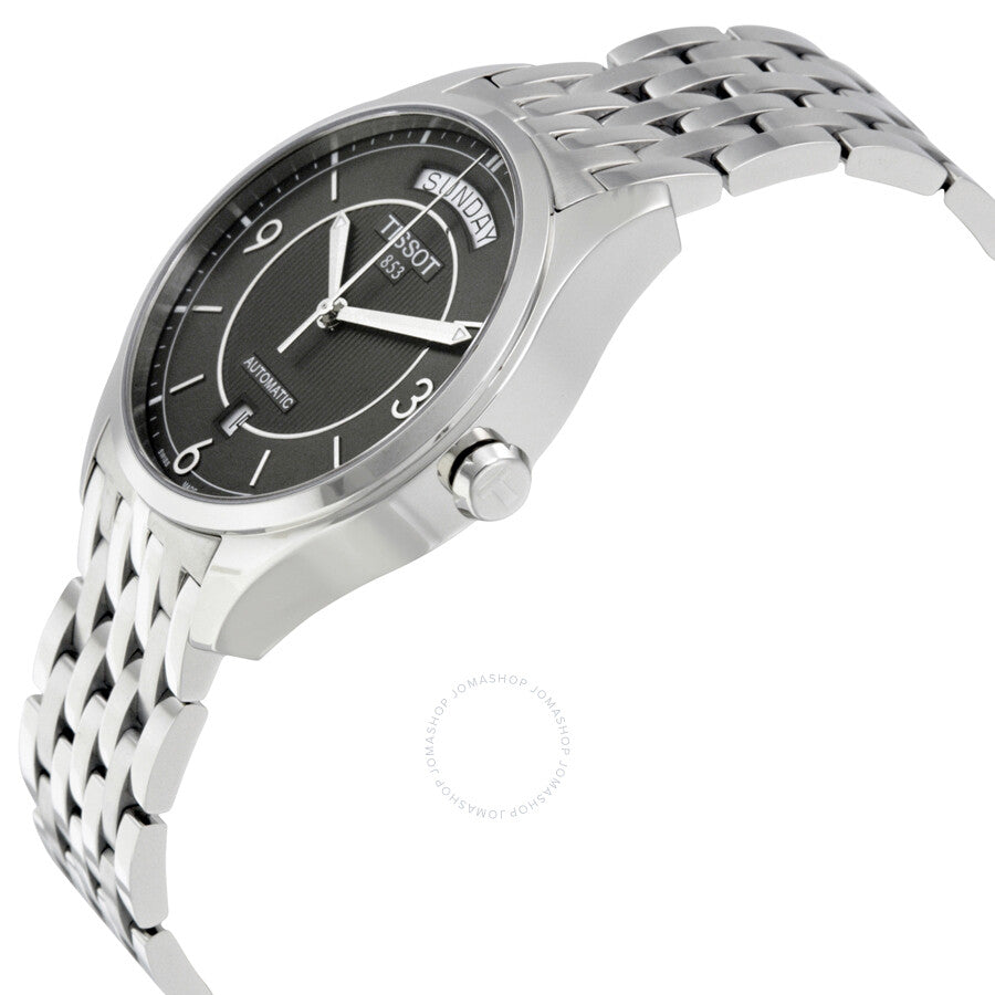 Tissot T-One watch shown from side angle with polished stainless steel case and bracelet