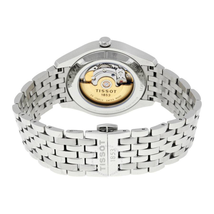 Tissot T-One caseback showing automatic movement with gold rotor and stainless steel bracelet