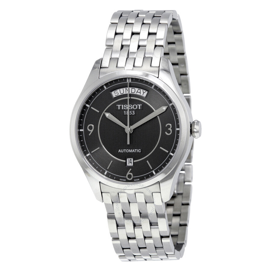 Tissot T-One automatic watch with black dial, Arabic numerals, and stainless steel bracelet