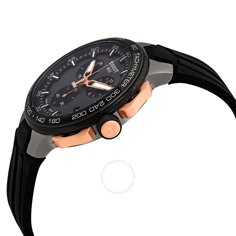 Tissot T-Race chronograph angled side view showing rose gold case and black rubber strap