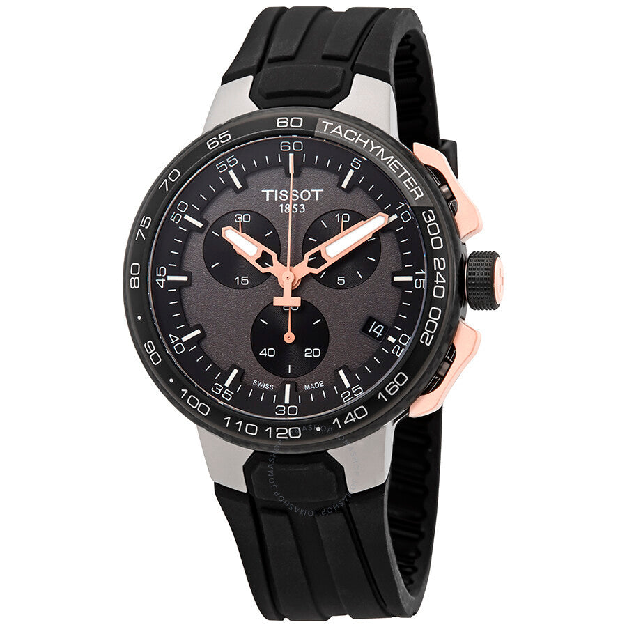 Tissot T-Race chronograph watch with black dial, rose gold hands and pushers, stainless steel and rubber strap