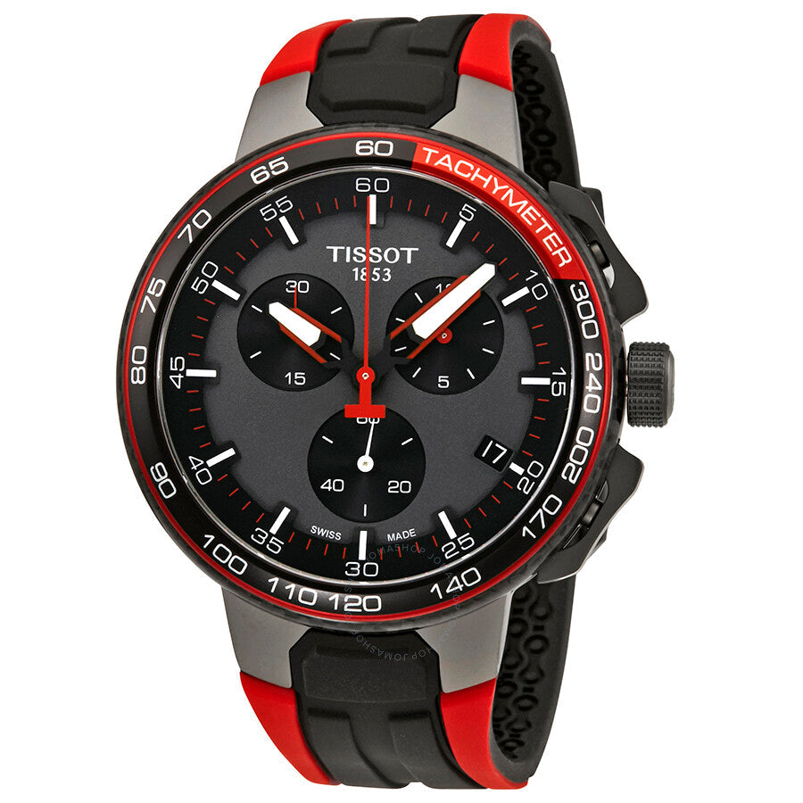 Tissot T-Race chronograph watch with black dial, red chronograph hands, and red/black silicone strap