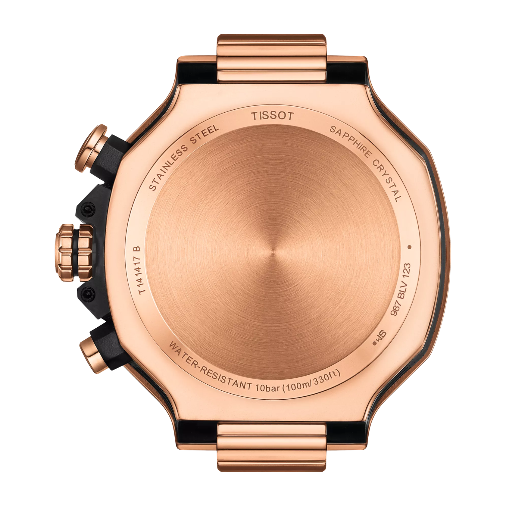 Tissot T-Race case back showing rose gold stainless steel and water-resistant rating