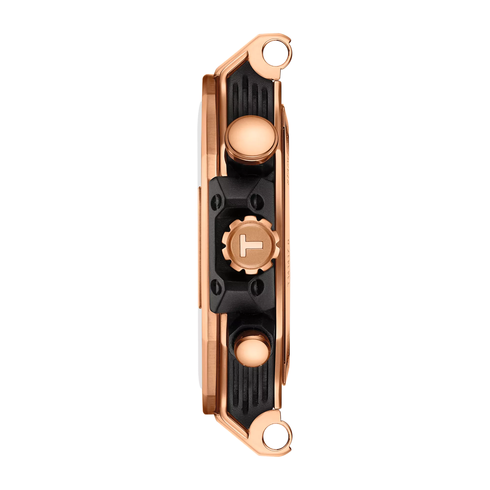 Tissot T-Race T141.417.37.051.00 side profile with rose gold case and chronograph pushers