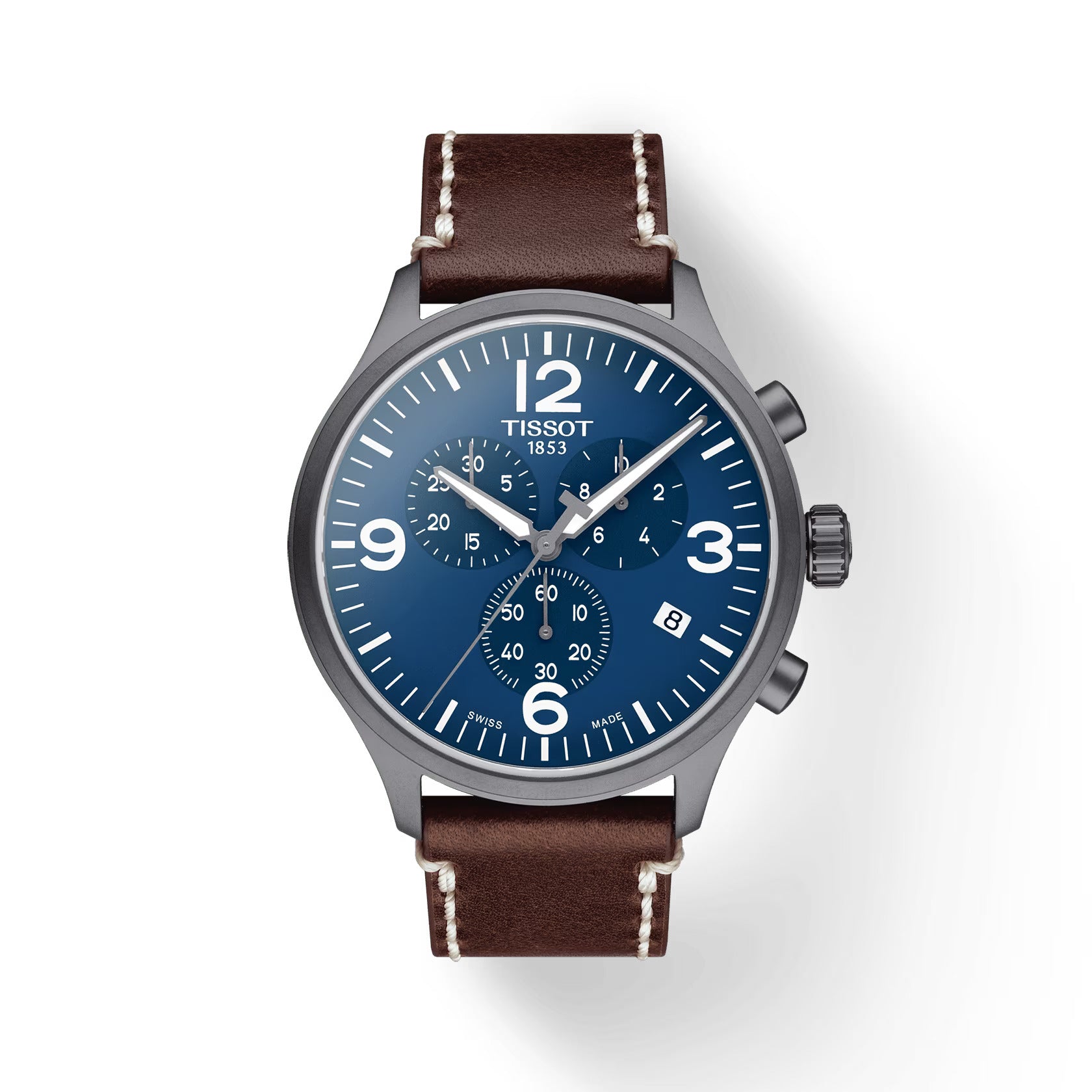 Tissot T-Sport Chronograph XL blue dial with chronograph subdials, steel case, dark leather strap with white stitching