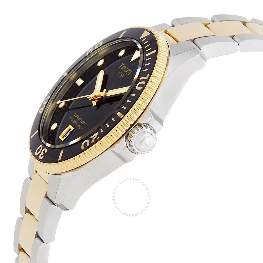 Tissot T-Sport watch side angle showing black bezel and two-tone metal bracelet