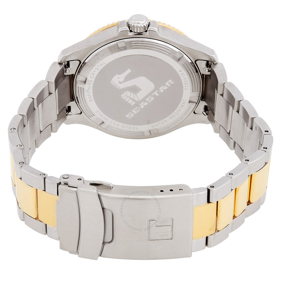 Tissot T-Sport watch caseback showing steel and gold two-tone bracelet