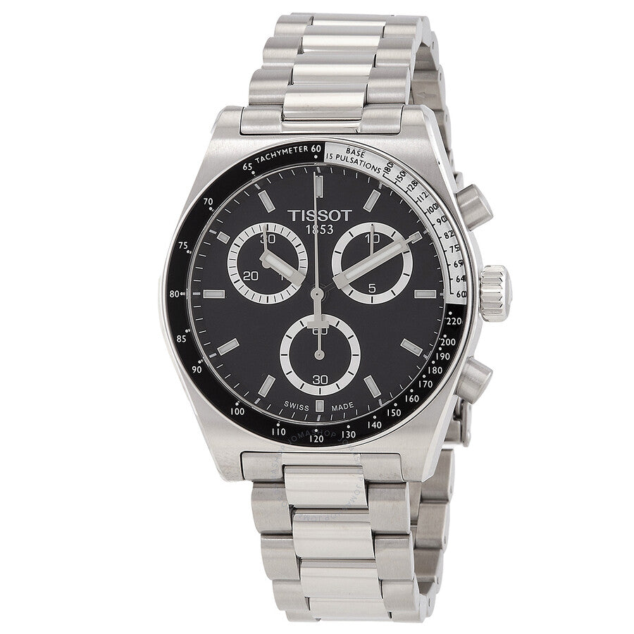 Tissot T-Sport chronograph watch with black dial and three subdials, stainless steel case and bracelet