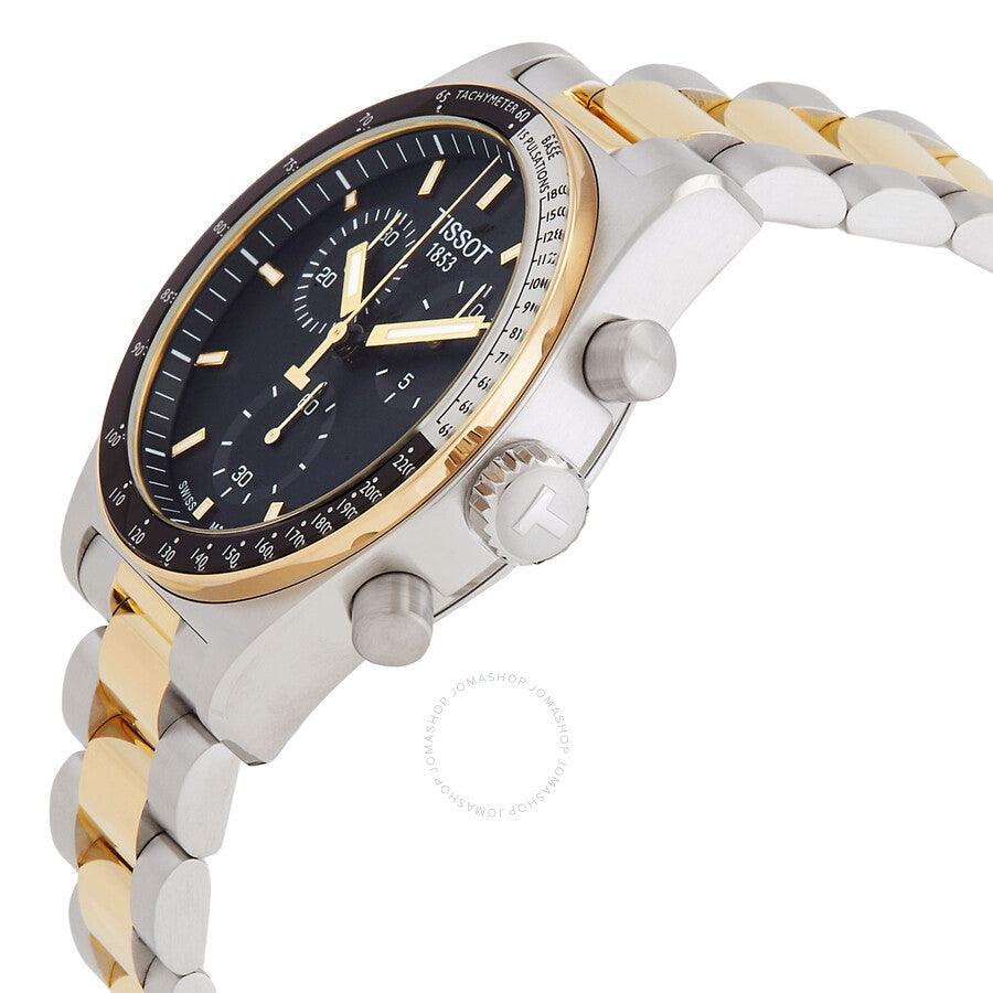 Tissot T-Sport Chronograph watch at an angle showing dial and two-tone bracelet