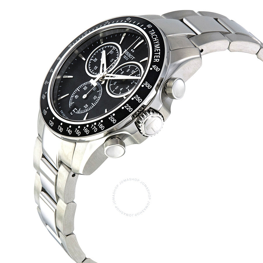 Tissot T-Sport V8 chronograph watch shown at angle with tachymeter bezel and stainless steel bracelet