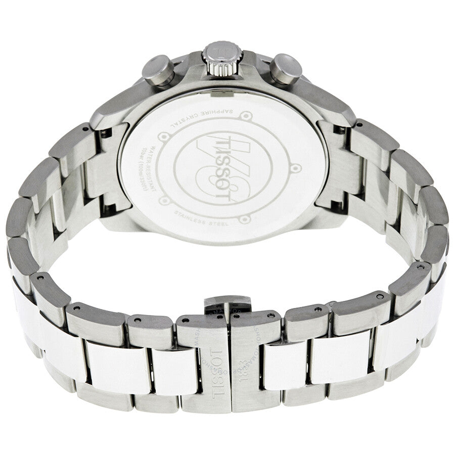 Tissot T-Sport V8 chronograph watch caseback showing stainless steel bracelet and screw-down case back