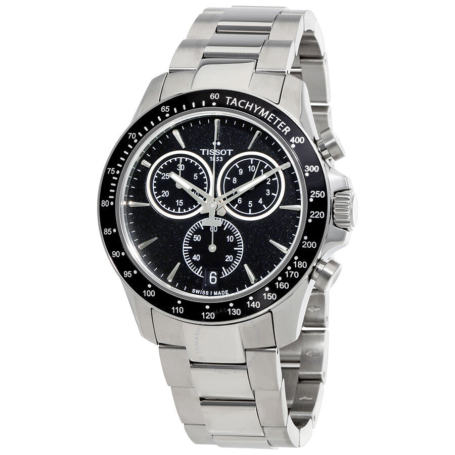 Tissot T-Sport V8 chronograph watch with black dial and stainless steel bracelet, front view