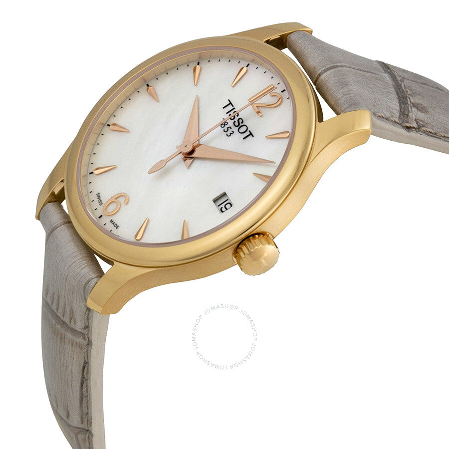 Angled view of Tissot T-Trend Tradition watch showing dial with rose gold indices and grey leather strap