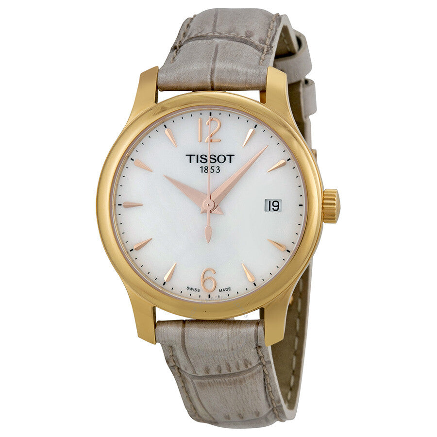 Tissot T-Trend Tradition ladies watch with white mother of pearl dial, gold case, and grey leather strap