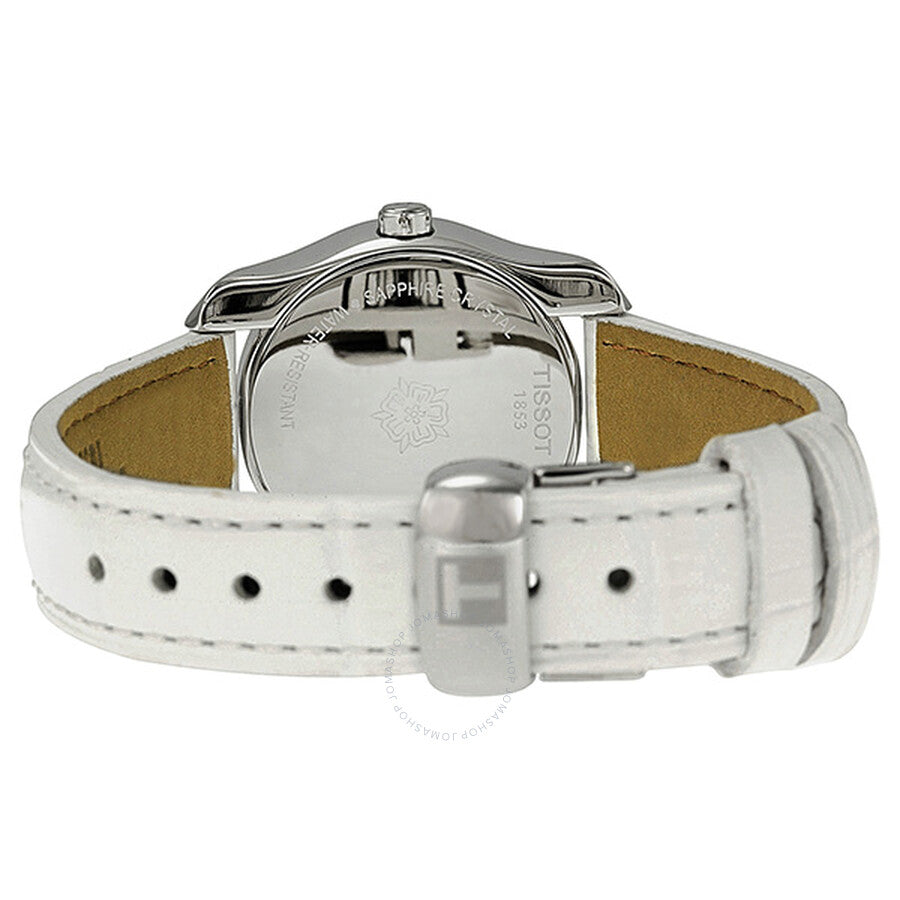 Tissot T-Wave watch caseback view showing white leather strap with buckle fastening