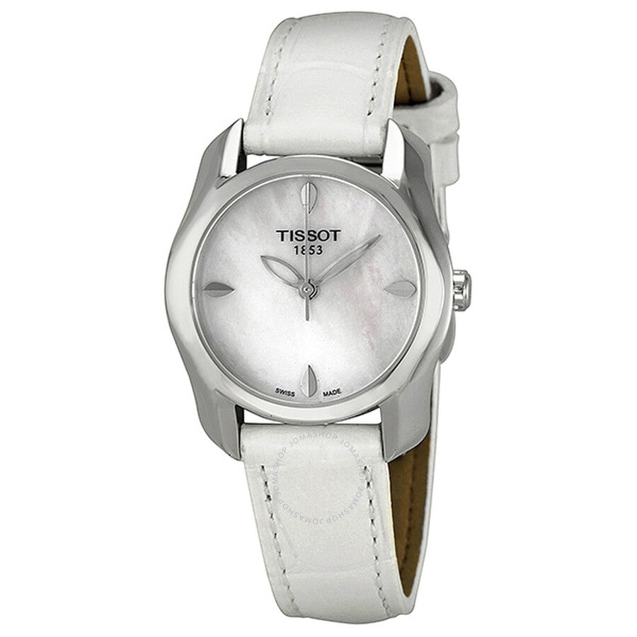 Tissot T-Wave ladies watch with mother of pearl dial, stainless steel case and white leather strap