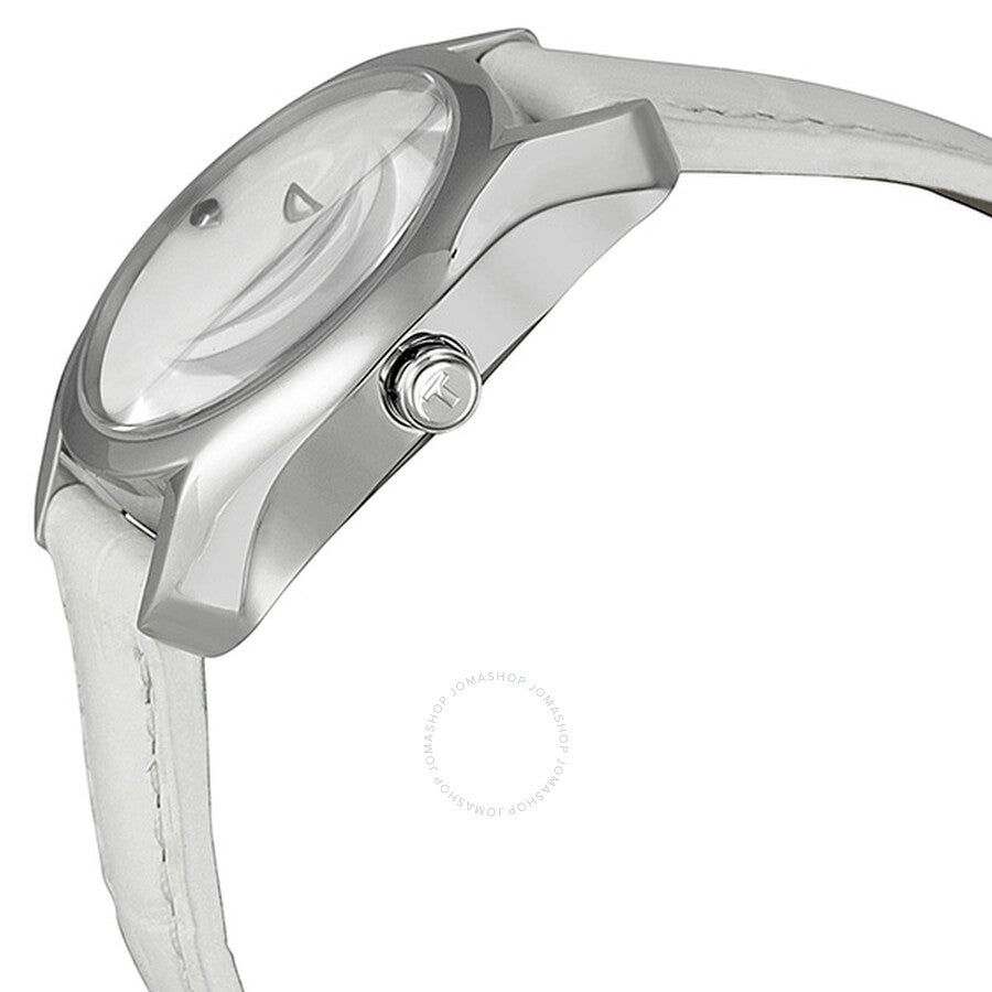 Tissot T-Wave watch shown from side angle, displaying case profile and white leather strap