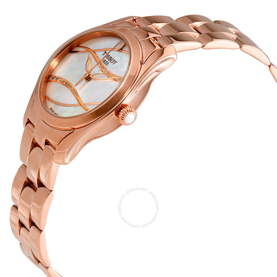 Tissot T-Wave rose gold case and bracelet with mother of pearl dial at angle