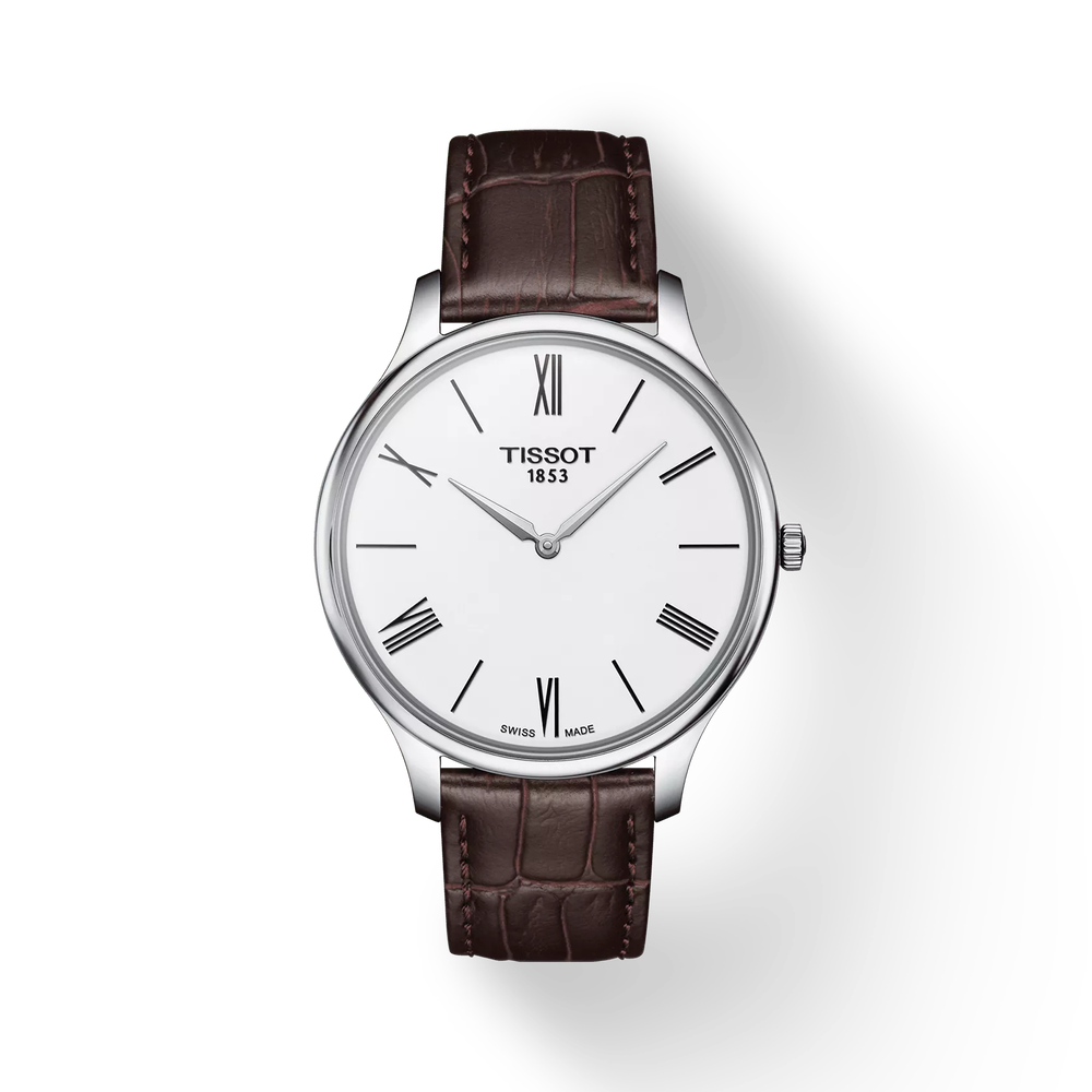 Tissot T Classic Tradition quartz watch with white dial and brown leather strap