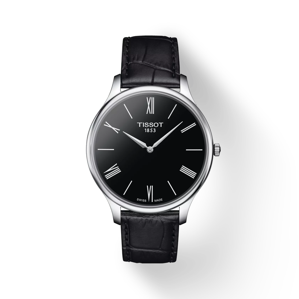 Tissot Tradition 39mm black dial watch with silver case and black leather strap