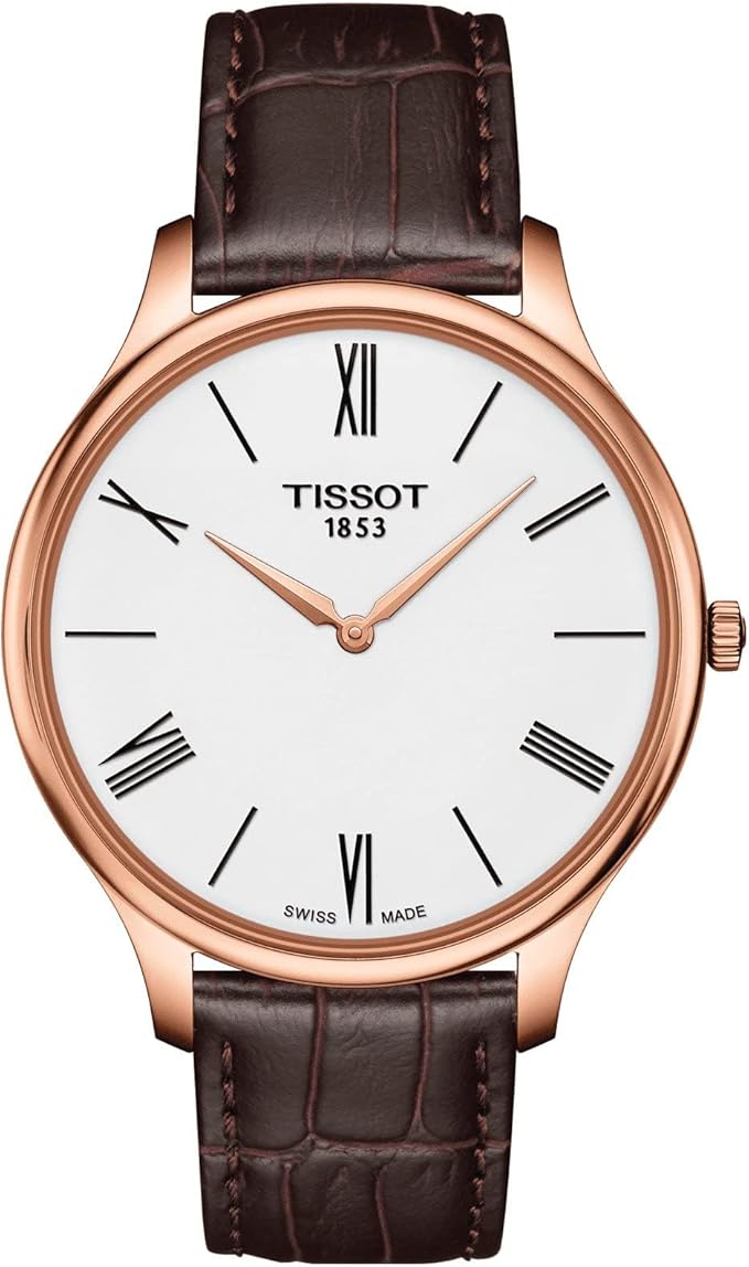 Tissot Tradition 5.5 rose gold watch with white dial and Roman numerals