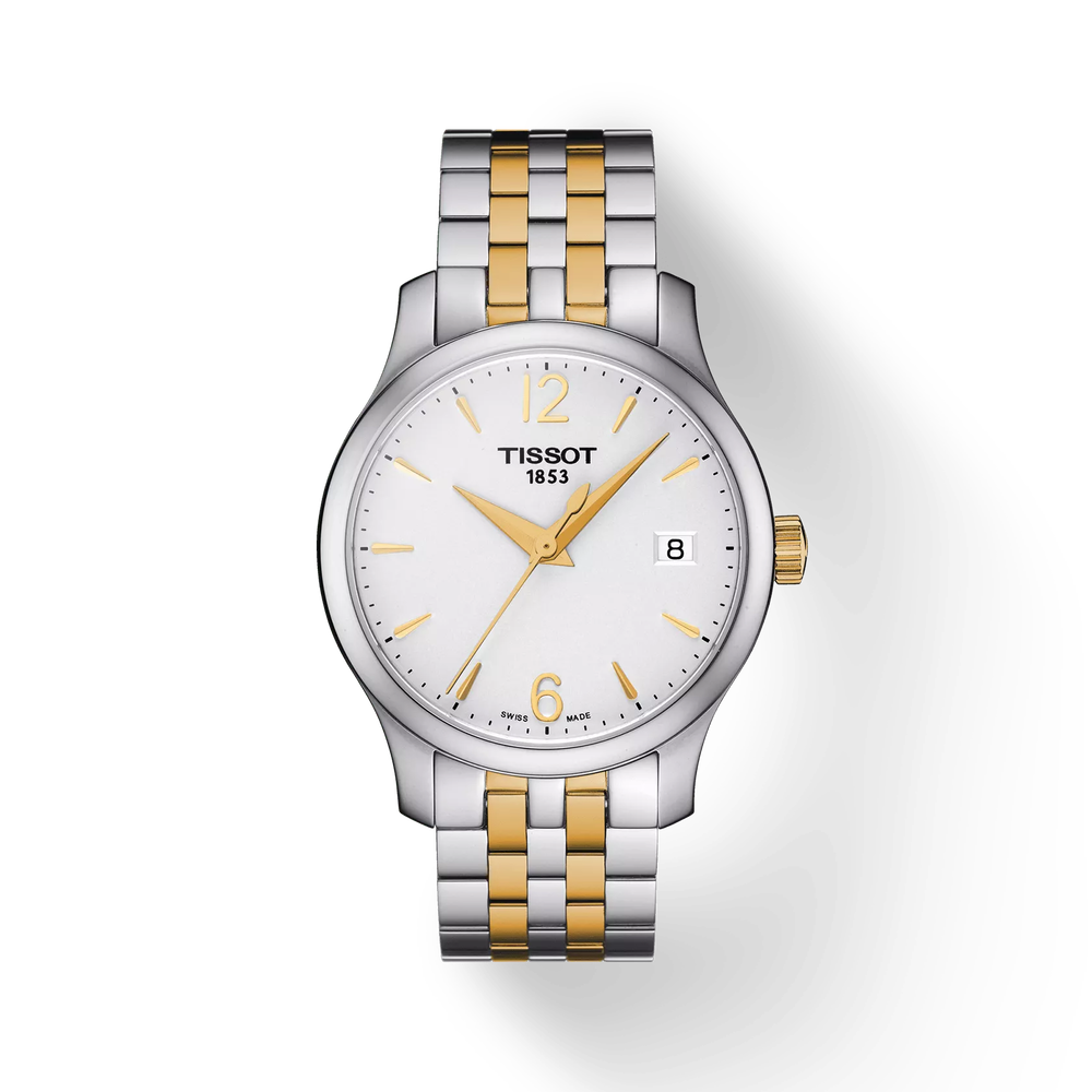 Tissot Tradition two-tone women's watch with white dial and mixed metal bracelet