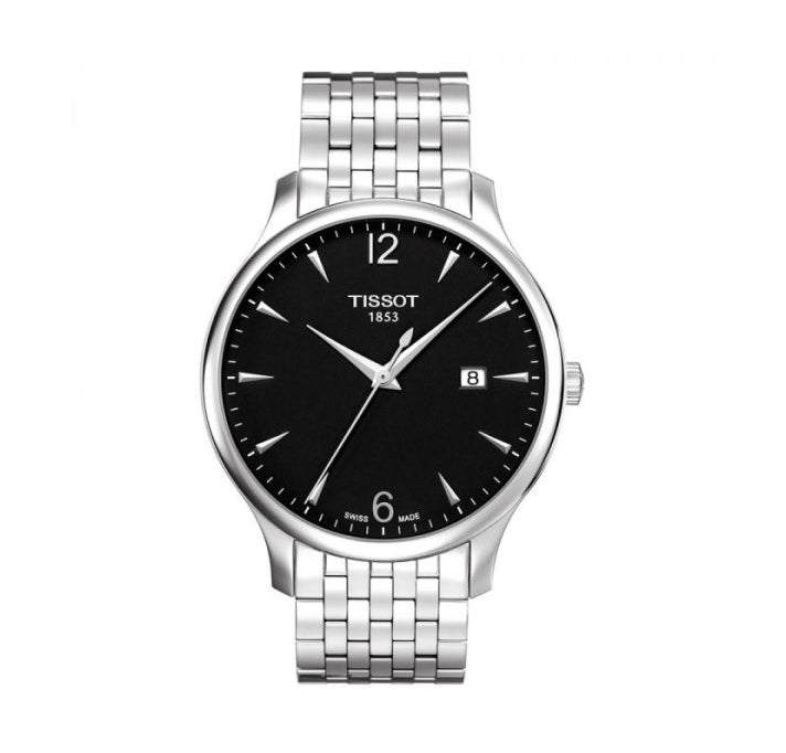 Tissot Tradition quartz watch with black dial, stainless steel case and bracelet
