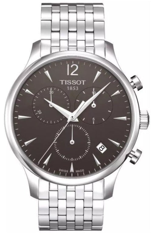 Tissot Tradition chronograph watch with black dial and steel bracelet, front view