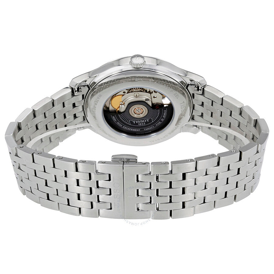 Tissot Tradition watch caseback displaying automatic movement with balance wheel and Powermatic 80