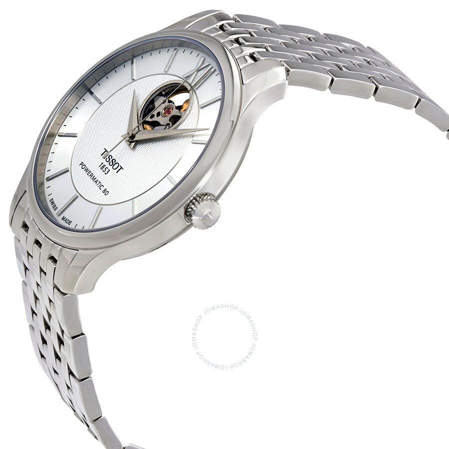 Tissot Tradition watch side angle view showing stainless steel bracelet and case profile
