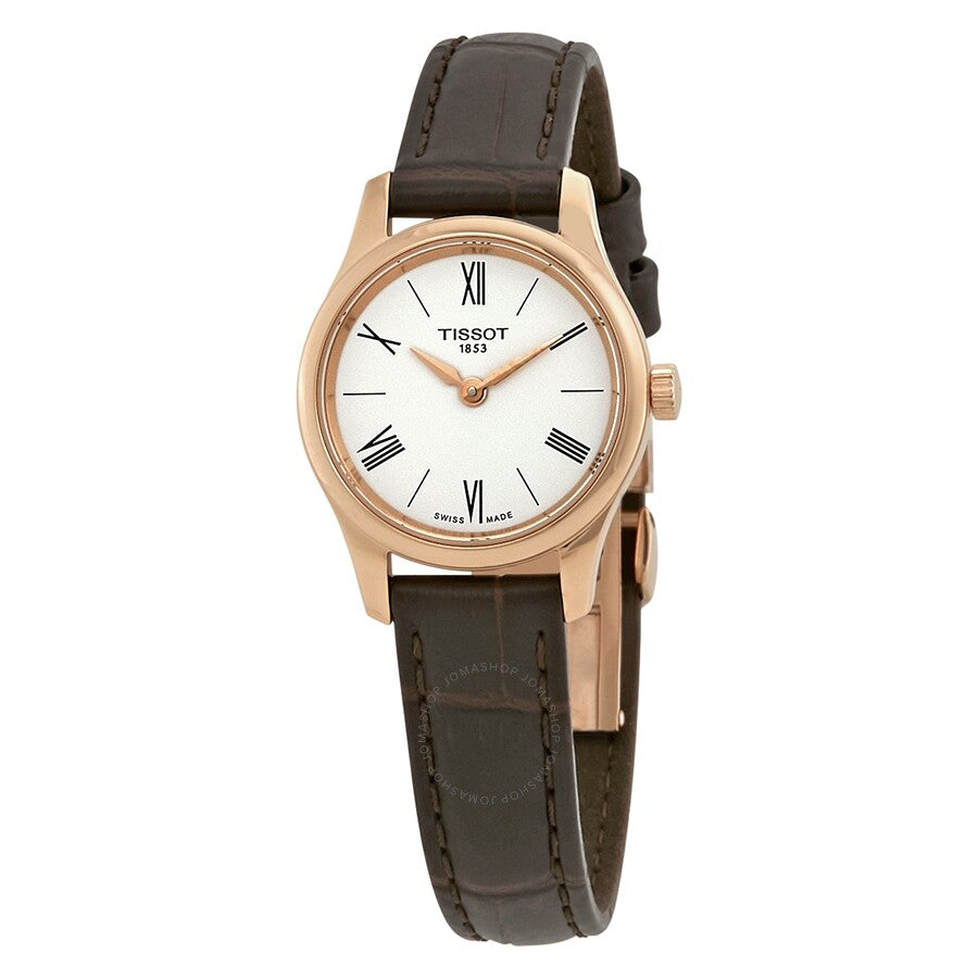 Tissot Tradition Thin ladies watch with white dial, rose gold case and dark brown leather strap