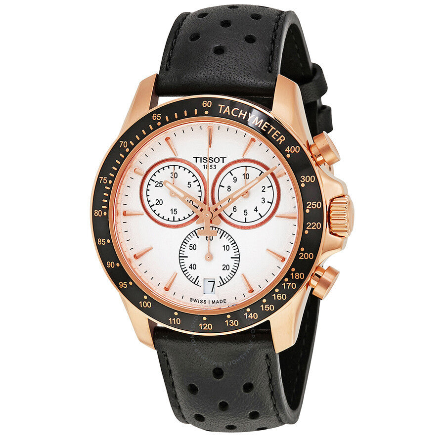 Tissot V8 chronograph watch with silver dial and rose gold case