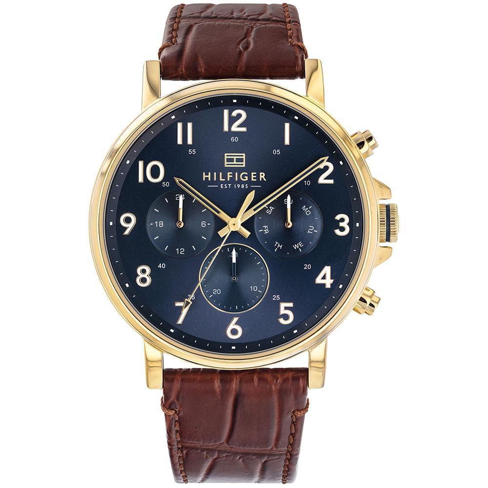 Tommy Hilfiger multi-function brown leather men's watch with navy dial and gold-tone case