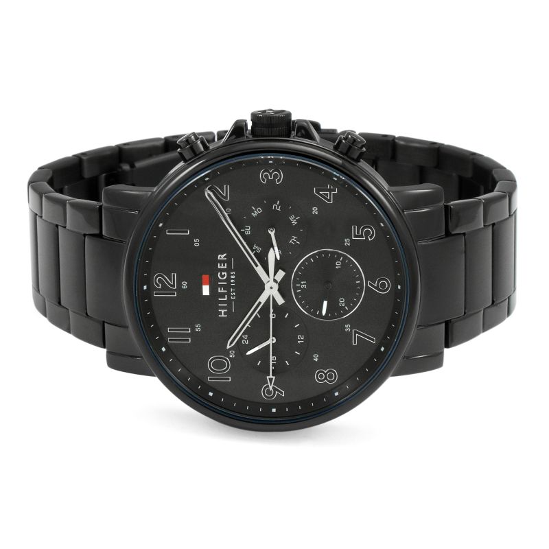 Multi-function Tommy Hilfiger chronograph watch displayed flat on black steel strap