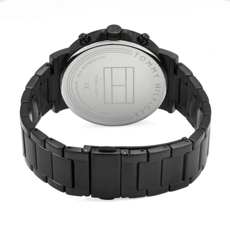 Side view of Tommy Hilfiger black steel chronograph watch with metal bracelet