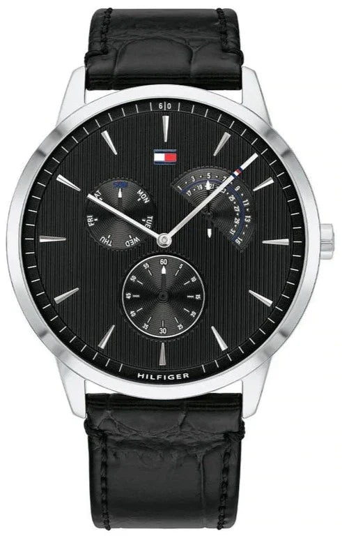 Tommy Hilfiger chronograph watch with black dial and black leather strap