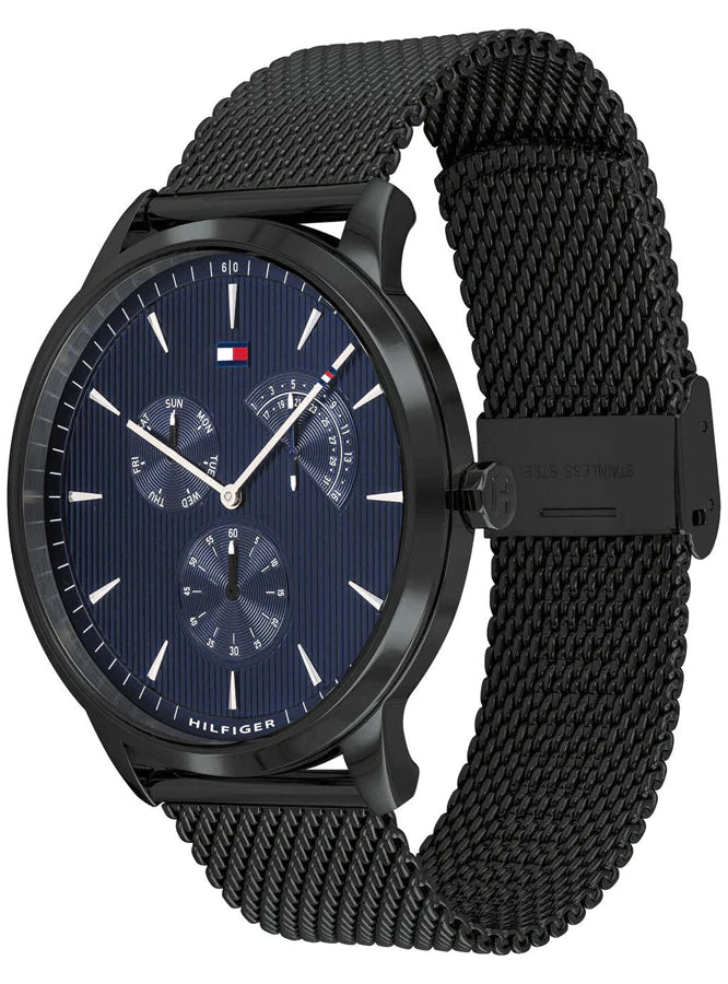 Tommy Hilfiger chronograph watch displayed at angle showing mesh band and dial detail