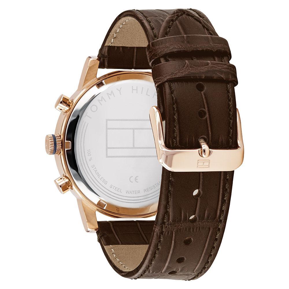 Tommy Hilfiger watch caseback showing water resistance marking and brown leather strap back