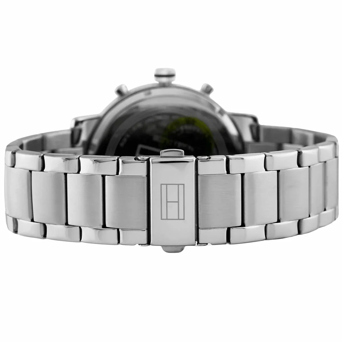 Tommy Hilfiger watch case back with stainless steel bracelet and clasp visible