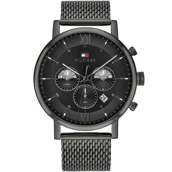 Tommy Hilfiger black chronograph watch with mesh strap and Roman numeral dial