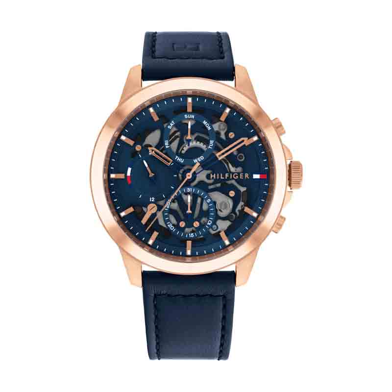 Tommy Hilfiger chronograph watch from angled view showing rose gold case and blue leather strap